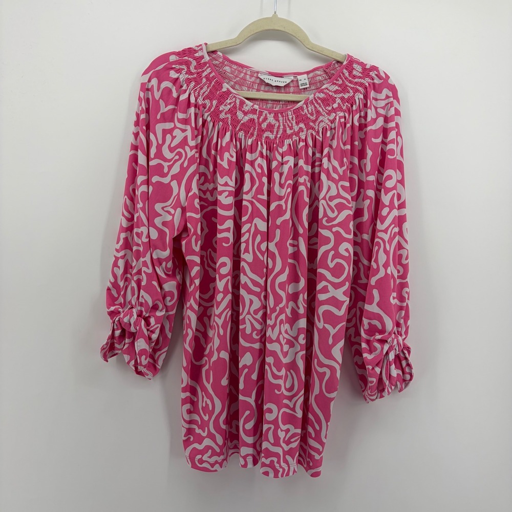 Susan Graver Womens XL Pink Abstract Liquid Knit Smocked Tunic Tie Sleeve Top